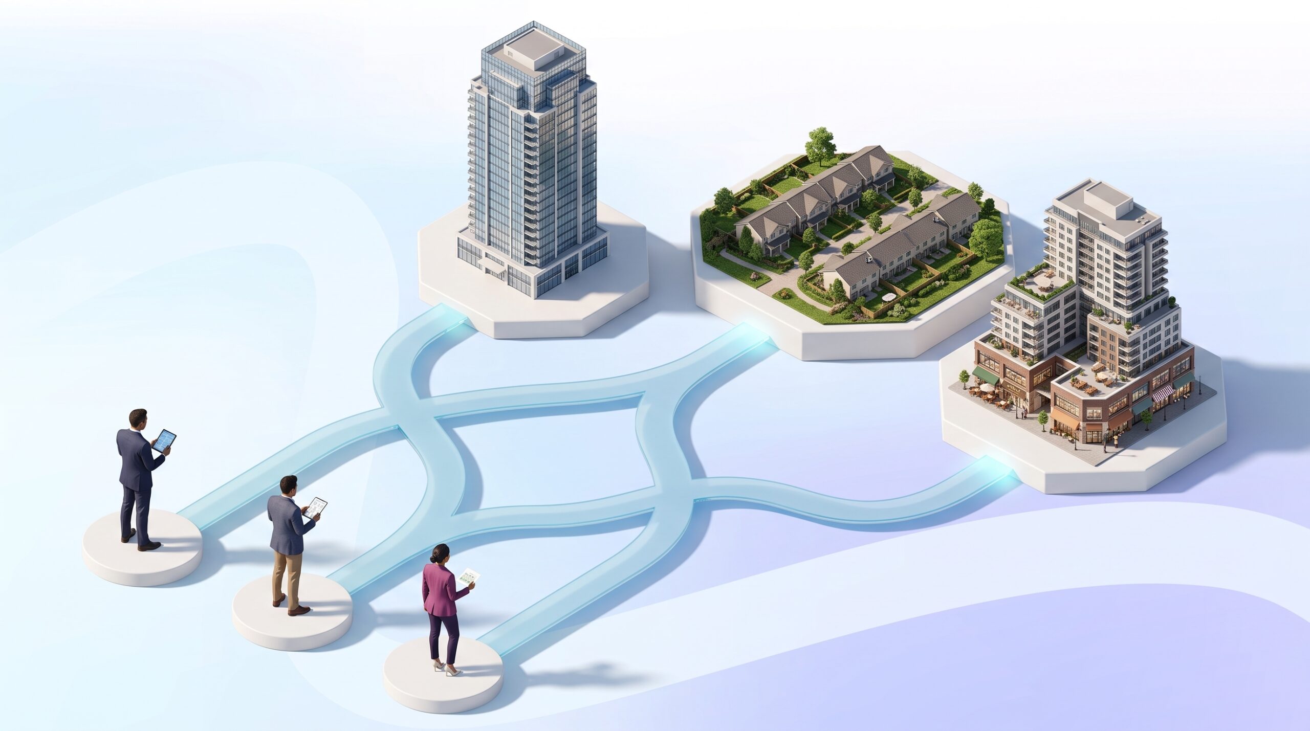 Administradores de condominios conectando con distintos tipos de propiedad: torre residencial, conjunto de casas y plaza comercial en México