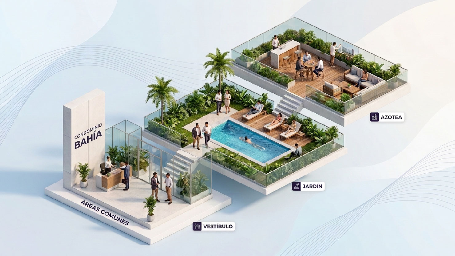 Áreas comunes de un condominio: pasillos, elevadores, jardines y azoteas