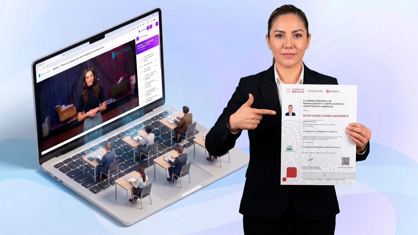 Programa de certificación EC0112 de RACHER: plataforma de videolecciones en línea y certificado de competencia laboral en administración de inmuebles en condominio