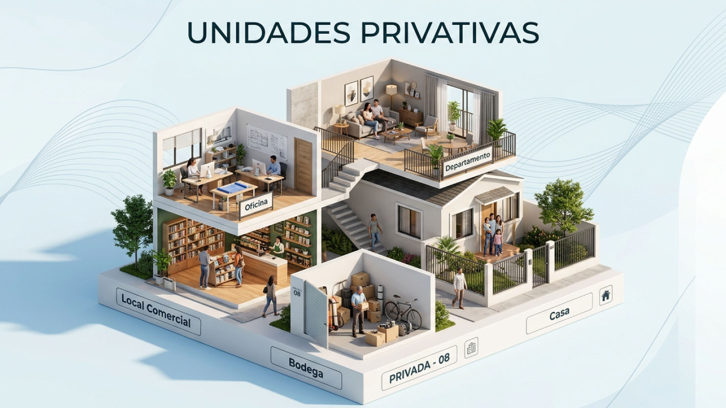 Unidades privativas en un condominio: departamentos, casas, locales y oficinas